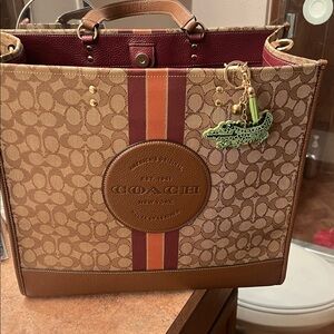Coach Brown and Tan Tote with Red Stripe